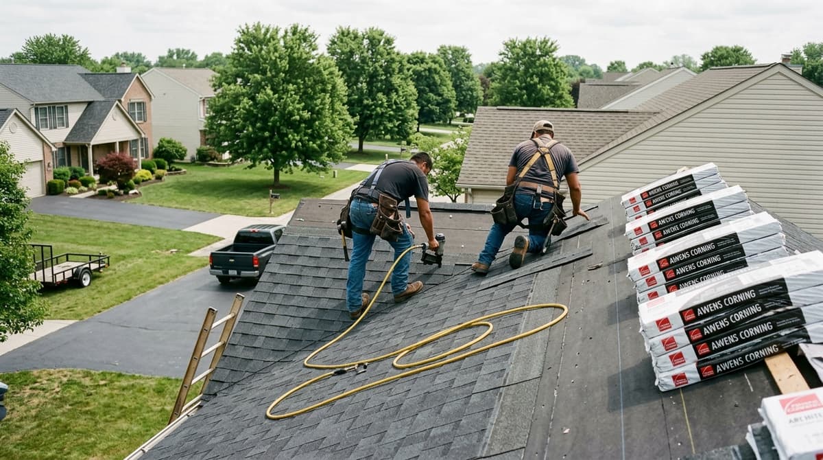 A roofing crew laying new shingles on a residential roof