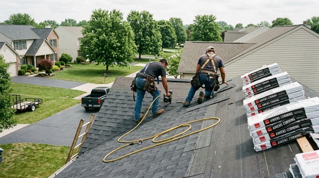 Roofers setting new shingles along a residential slope