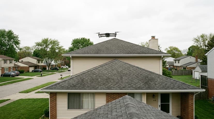 A drone photographing the slopes of a residential roof during an inspection