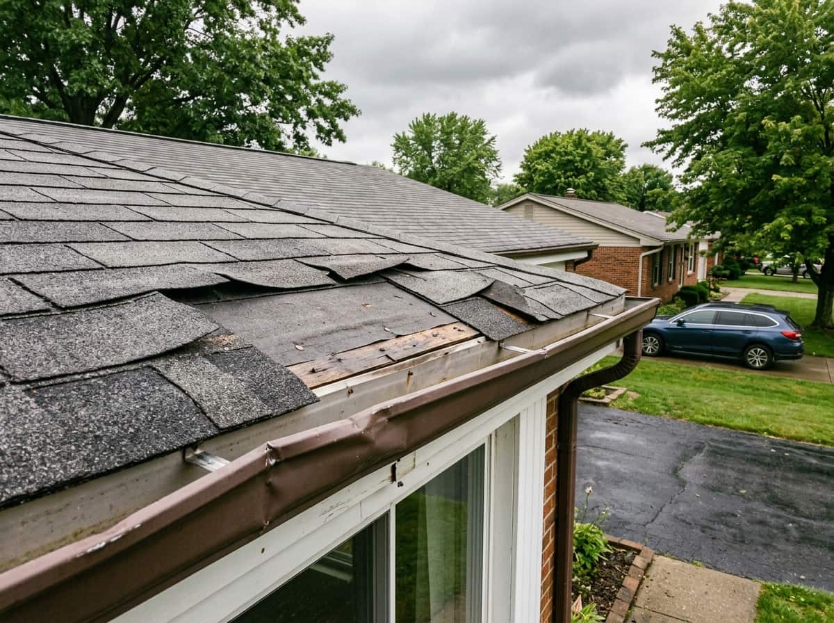 Lifted and missing shingles along a roof edge