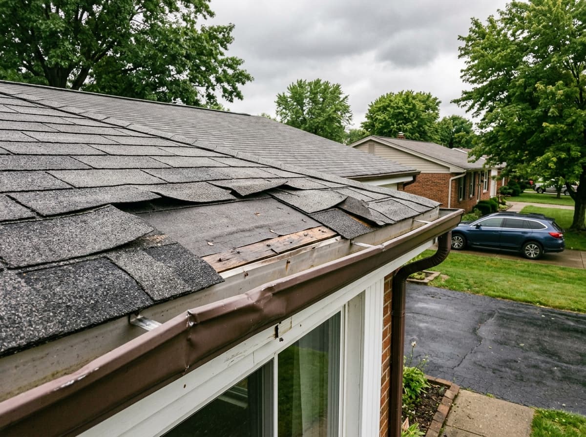 Wind-lifted shingles and a damaged gutter line along a roof edge