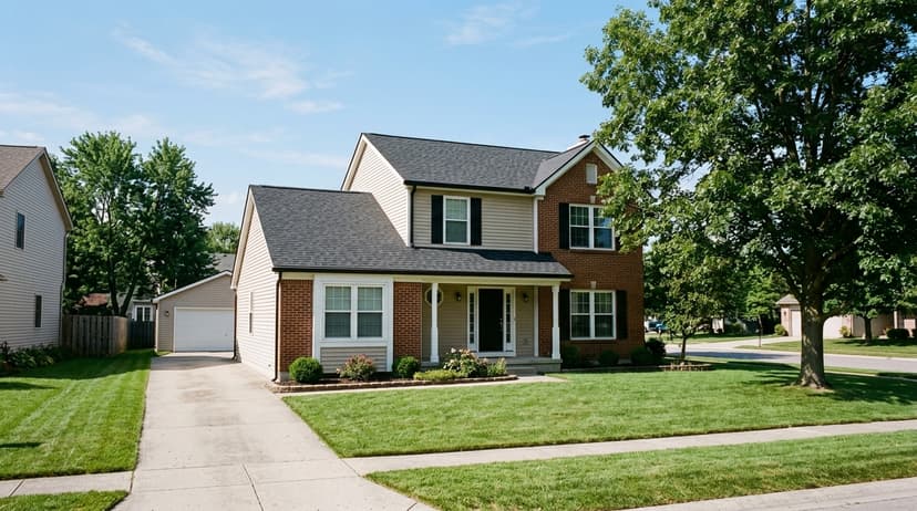 A newly replaced asphalt shingle roof on a two-story Ohio home