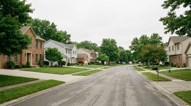 A residential street of two-story homes, where the roofline is part of the look